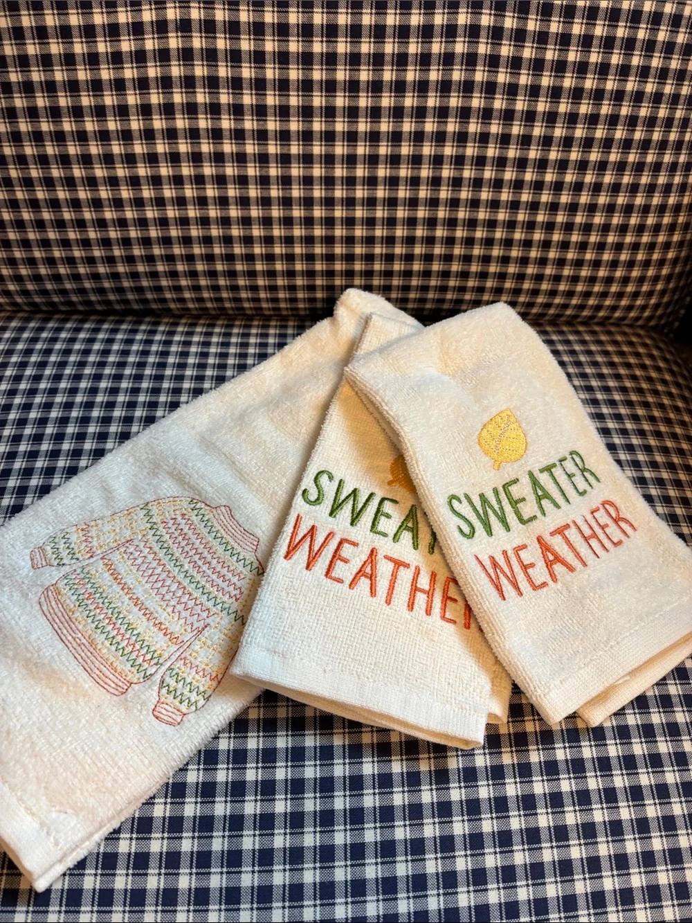 Embroidered 'Sweater Weather' Cream Kitchen Towels - Set of 3